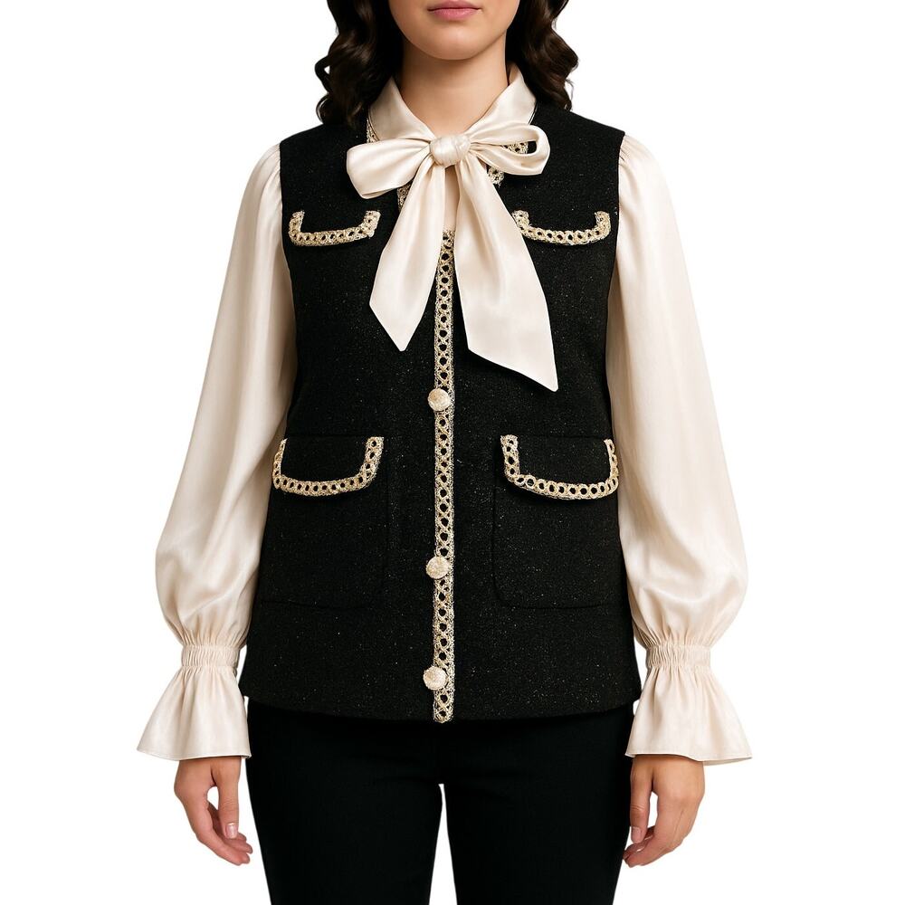 GG Women Tweed Preppy Glam Layered Puff Sleeve Blouse Small